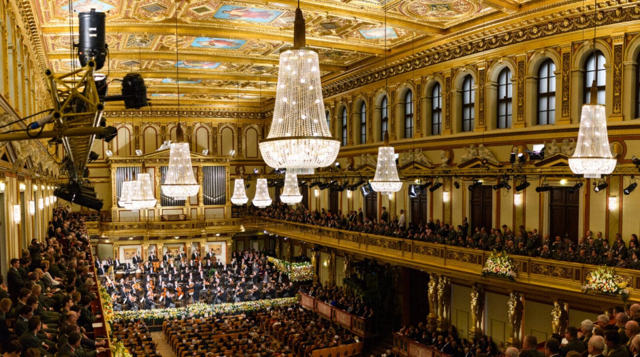 The Vienna Philharmonic performing its customary New Year's Day Concert in a dazzlingly adorned concert hall