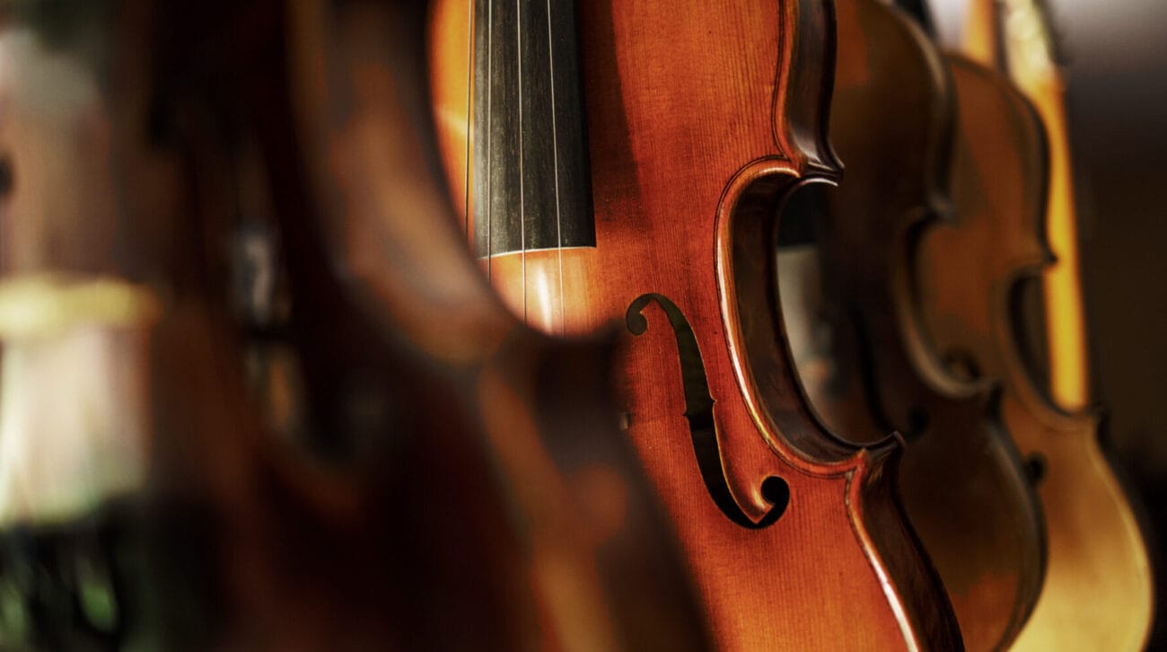 A picture of violins hanging in a luthier shop, with the middle orange-brown colored violin in sharp focus.