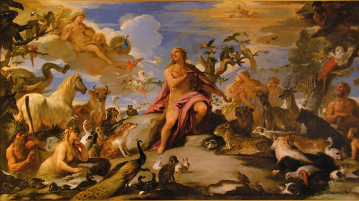 Orpheus, bowing a violin, surrounded by animals, nymphs, and satyrs