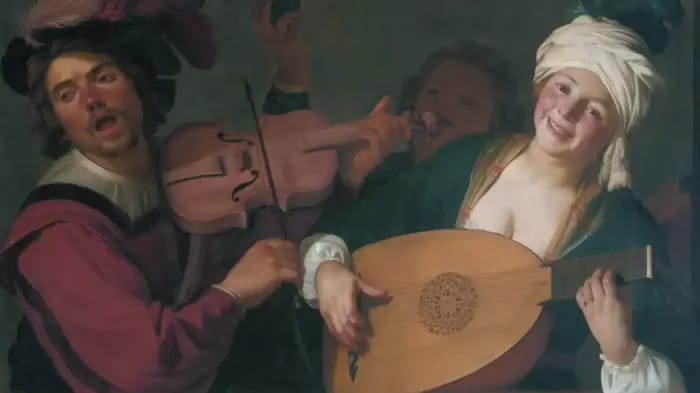 A man plays the violin and sings; a woman plays the lute and smiles, a young man in the background holds up a glass