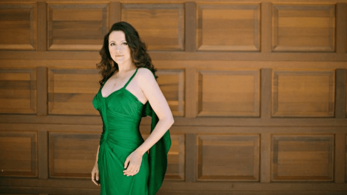Soprano Amanda Forsythe portrait in emerald gown