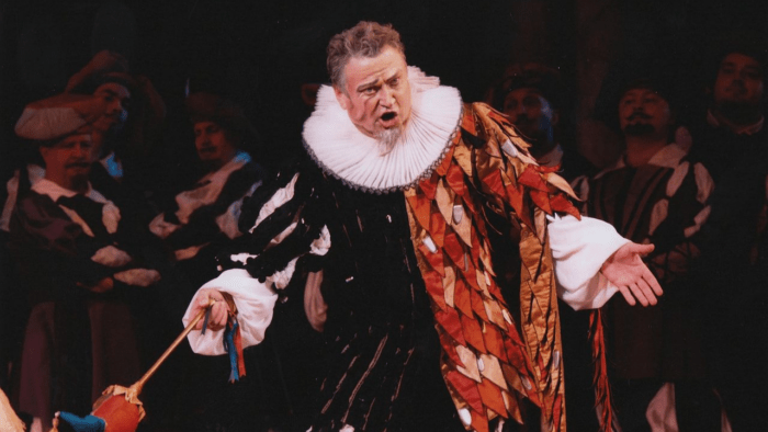 Baritone Petro Pryymak in classic Rigoletto jester costume.