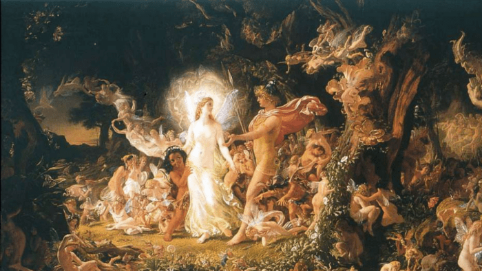 Detail of oil painting, Titania shielding the Indian boy from Oberon.