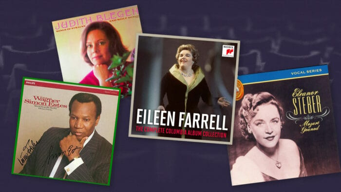 Collage of four albums: Simon Estes sings Wagner, Eileen Farrell — the Complete Columbia Album Collection, Eleanor Steber sings Mozart and Gounod, and Judith Blegen — Songs of Strauss and Wolf