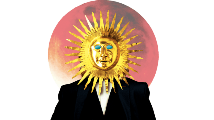 Artistic image for Chicago Opera Theater's King Roger. A man in a black suit with his face replaced by a gold mask of the sun, perhaps the god Apollo, background is a pink moon.