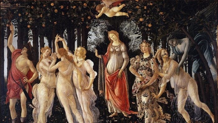 gods and godesses beneath a fruit tree with Cupid above pointing his arrow
