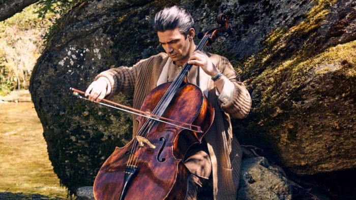 Gautier Capuçon plays his cello in the outdoors