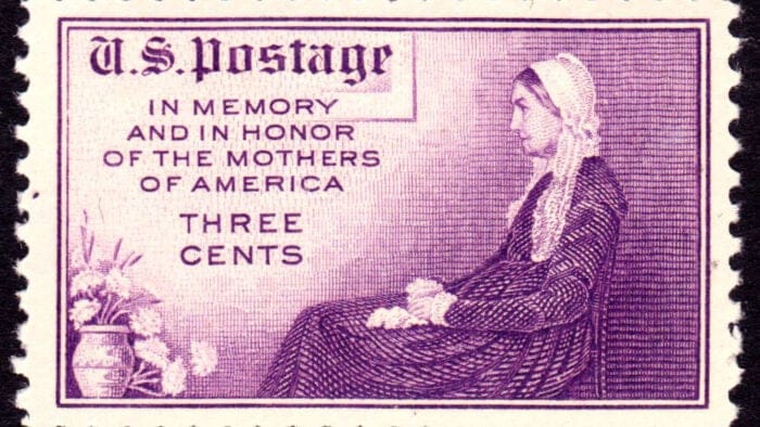 postage stamp with image of Whistler's Mother