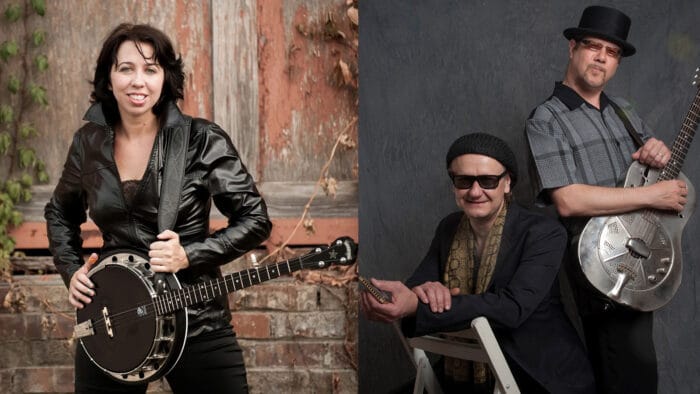 Left: woman with banjo. Right: man with harmonica and sunglasses and man with National steel guitar
