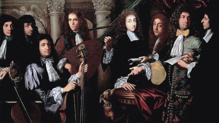 Ferdinand I, seated at a table, surrounded by seven musicians. One holds an archlute; Two violas da gamba are present. A brown dog wearing a collar looks up at his master.