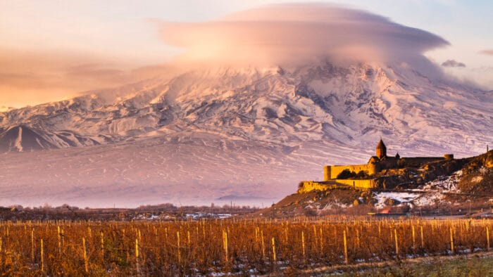 Sunrise over Ararat in Armenia with Khor Virap Monastery