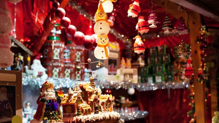 decorations on display in a festive Christmas market