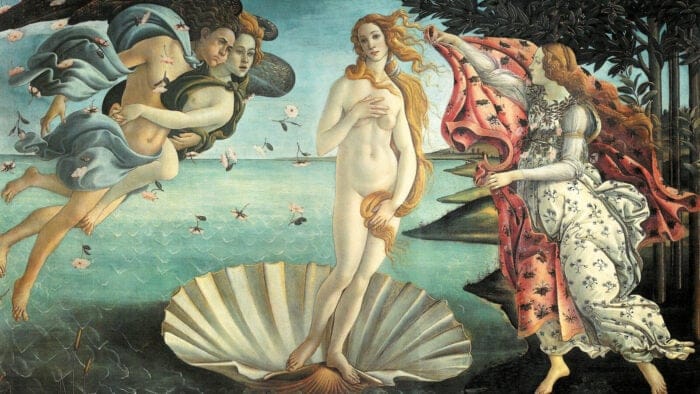 Botticelli painting of Venus standing on a shell