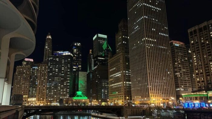 nighttime skyline from the Chicago river