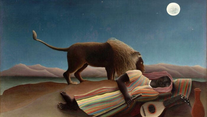 painting of lion looking over sleeping woman