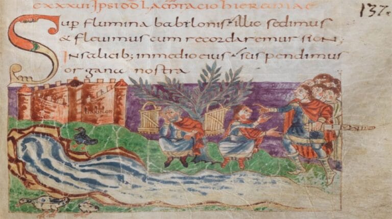 9th-century rendering in Latin of By the Waters of Babylon, with a picture of bereft-looking menat the water's edge.