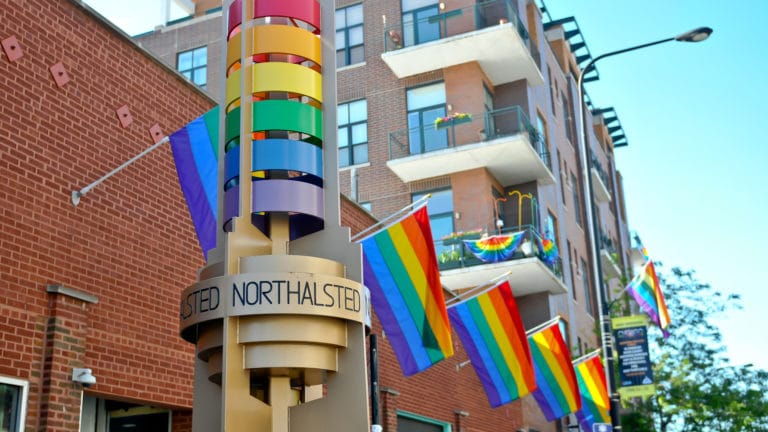 Color photo of Boystown Rainbow Pylons Legacy Walk LGBTQ