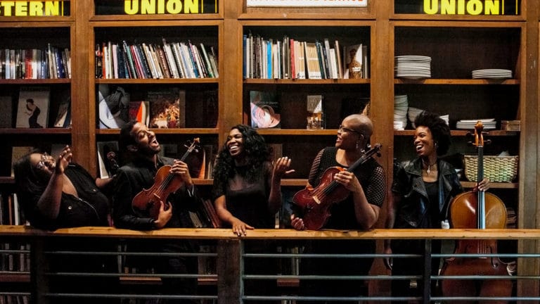 The artists of D-Composed: (L-R) Caitlin Edwards, violin; Kyle Dickson, violin; Kori Coleman, founder and experience curator; Danielle Taylor, artistic director and viola; Tahira Whittington, cello (Photo: Ally Almore)