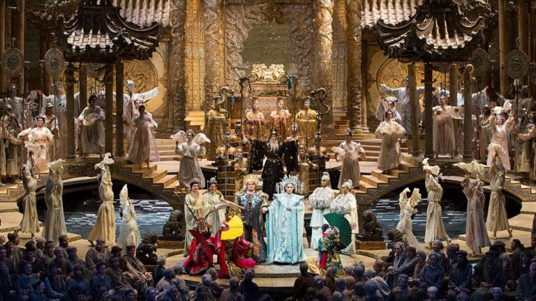 A scene from the Met's Turandot with sumptuous set and costume design