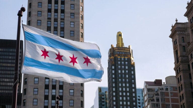 The Chicago Flag with part of the city's signature skyline