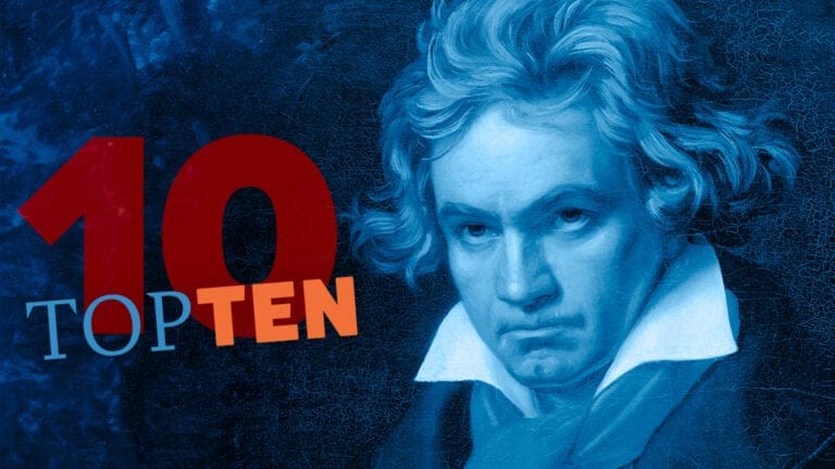 portrait of Beethoven with a 10 and text "top ten" superimposed
