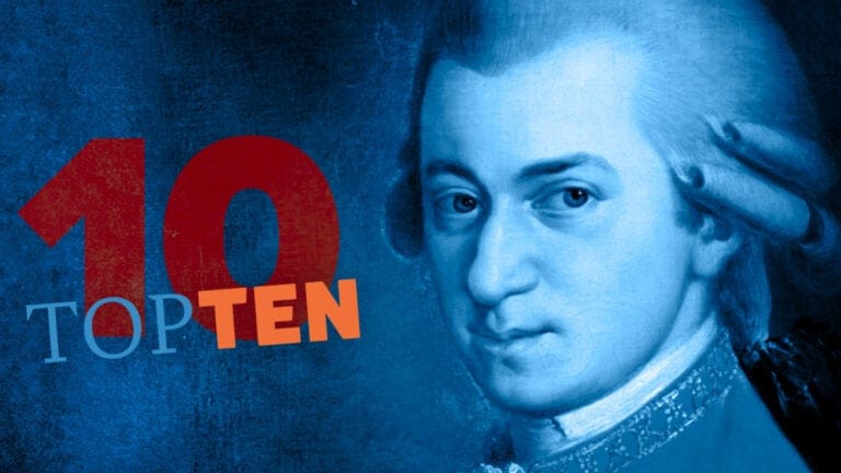 blue portrait of Mozart with a 10 and text "top ten" superimposed