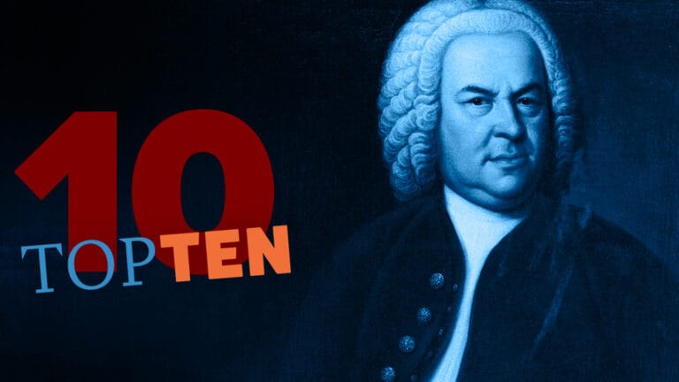 blue portrait of Bach with a 10 and text "top ten" superimposed