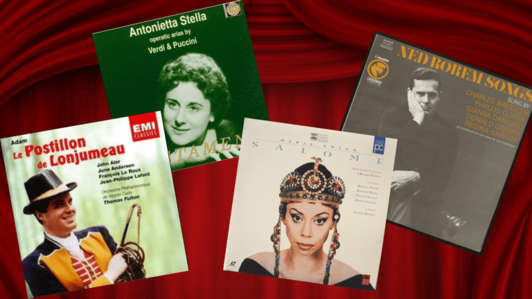 Collage of four albums in from of red theatre curtain: featuring images of John Aler, Anotnietta Stella, Maria Ewing, and Ned Rorem