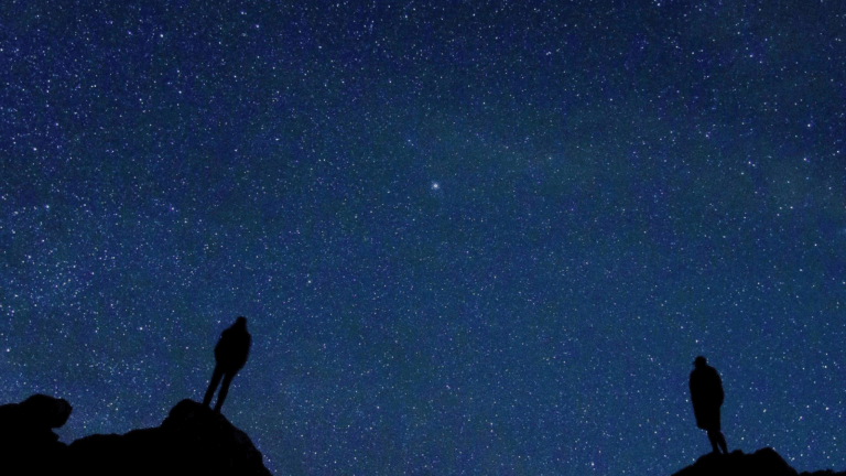 Silhouette of two humans gazing up at a dark blue sky filled with pale stars