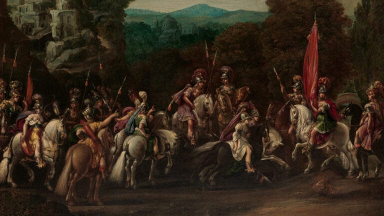 some 20 female warriors, known as Amazons, on horseback