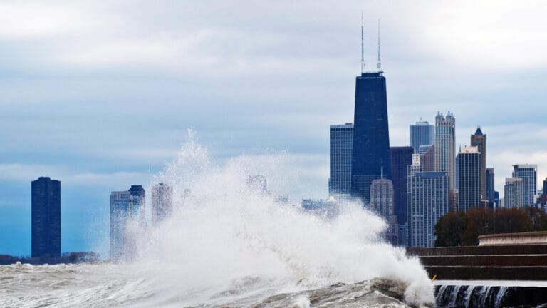 choppy Lake Michigan with the Chicago skyline in the background