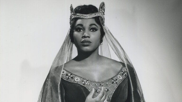 Promotional black and white photo of Leontyne Price in costume and makeup as Elvira in Verdi's Ernani