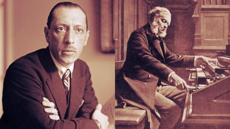 composite image of Igor Stravinsky, posing sternly, and César Franck, playing the organ
