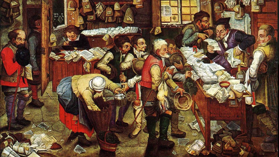 chaotic scene 17th century people paying taxes
