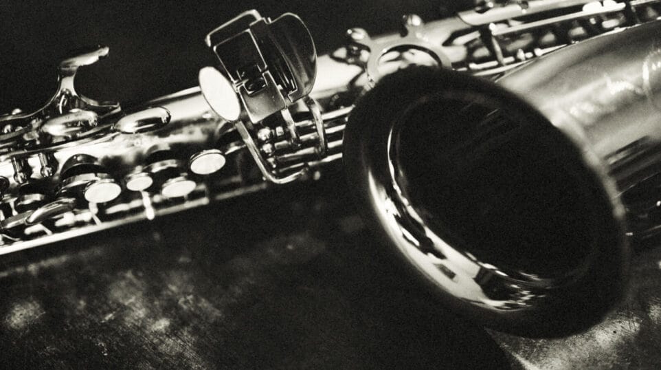 black and white closeup of a vintage saxophone