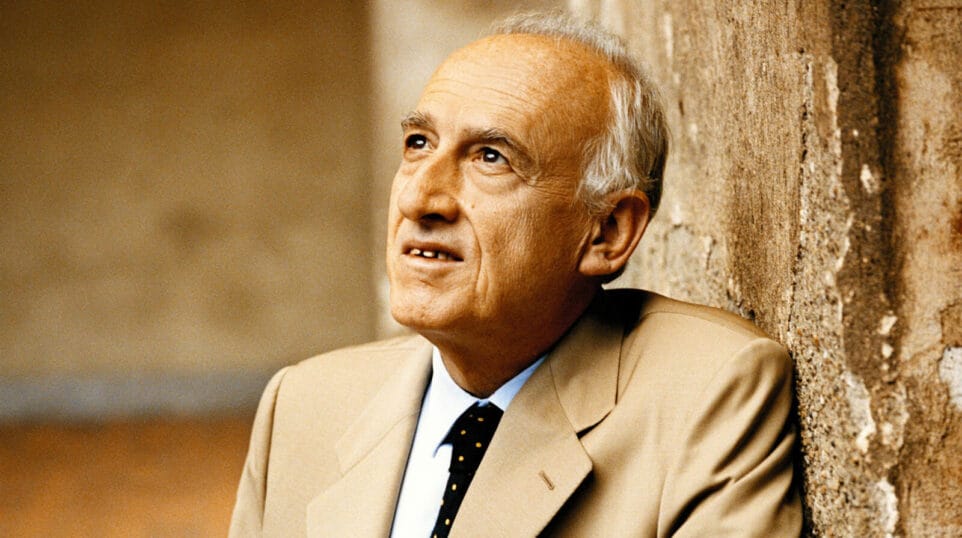Portrait of Maurizio Pollini in khaki colored suit