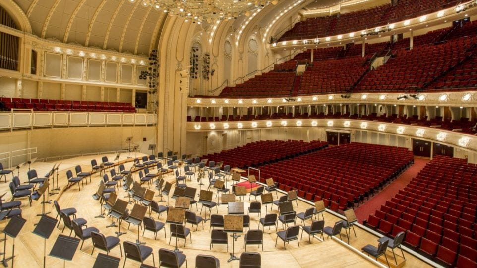 A view of the empty auditorium of Orchestra Hall at Symphony Center