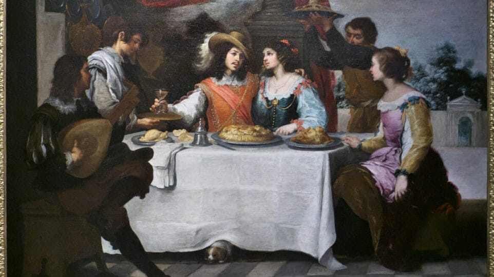 The Prodigal Son and a woman dining, with servants and a musician playing the lute