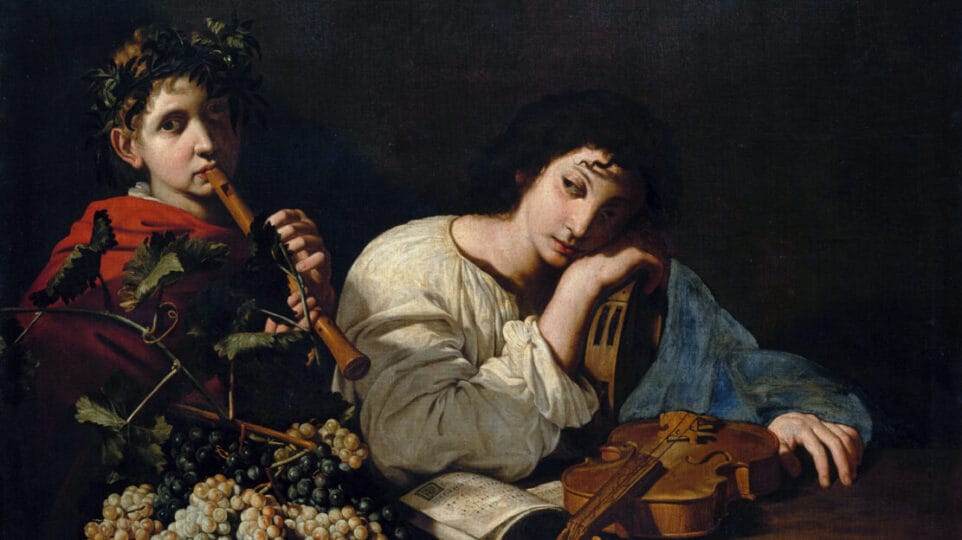 a young shepherd plays recorder, while a young woman with a tambourine and violin observes him.
