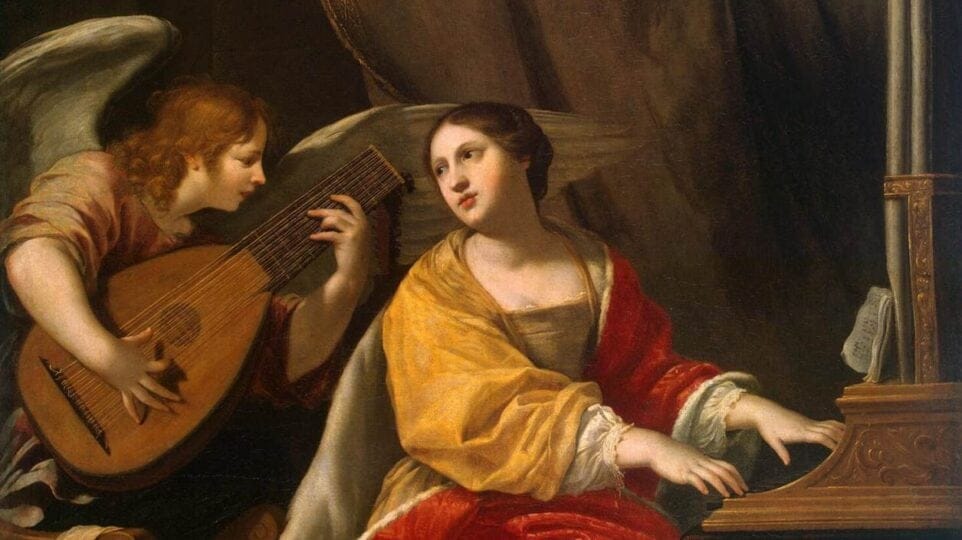 Saint Cecilia plays the organ while she and an angel playing the lute gaze at each other.