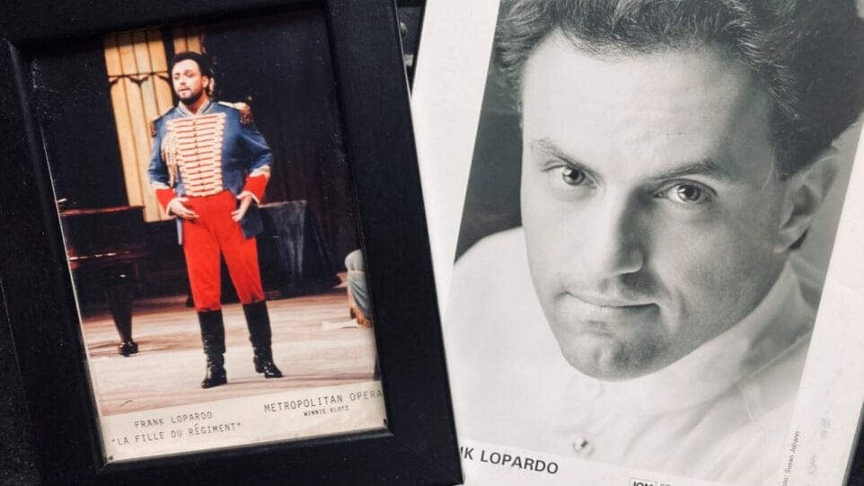 Two publicity phots of Frank Lopardo: as Count Almaviva in the Barber of Seville, and professional head shot