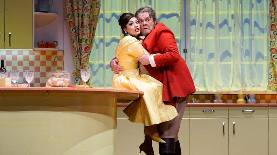 Ailyn Pérez as Alice and Michael Volle as Falstaff in Verdi's "Falstaff."