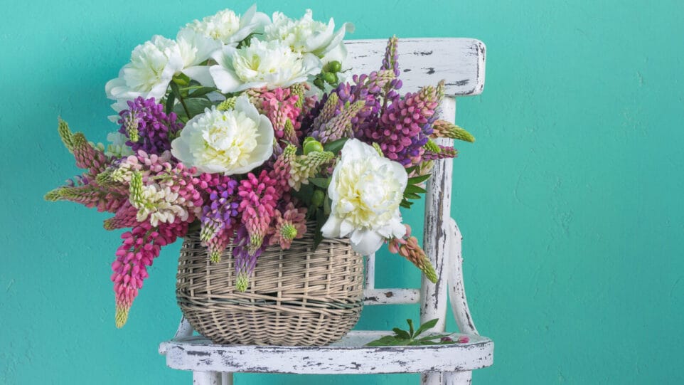 a lush spring bouquet in a wicker basket, placed in front of a bright turquoise wall