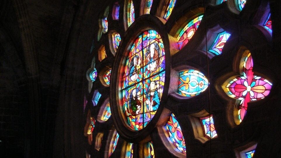 A rosette stained glass window at the Cathedral Church of Seville, Spain
