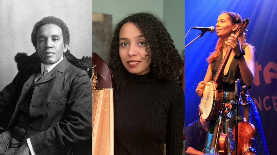 Stitched image showing formal, black-and-white portrait of Samuel Coleridge-Taylor; color photo of Miriam Kessler posing with a harp; and Rhiannon Giddens, lit in blue and yellow, strumming a banjo and singing onstage