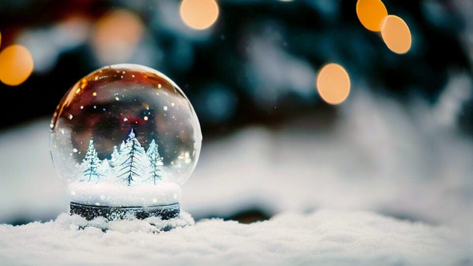 a snow globe containing wintry pine trees sits upon a snowbank, with trees and lights out of focus behind