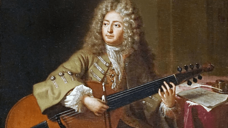 Oil painting portrait of Marin Marais, French composer. He is a white man with a round face, wearing a long, curly, off-white wig that falls to his shoulders. He is dressed in a golden coat, and is holding a viola da gamba horizontally across his lap, as if he's about to strum the instrument.