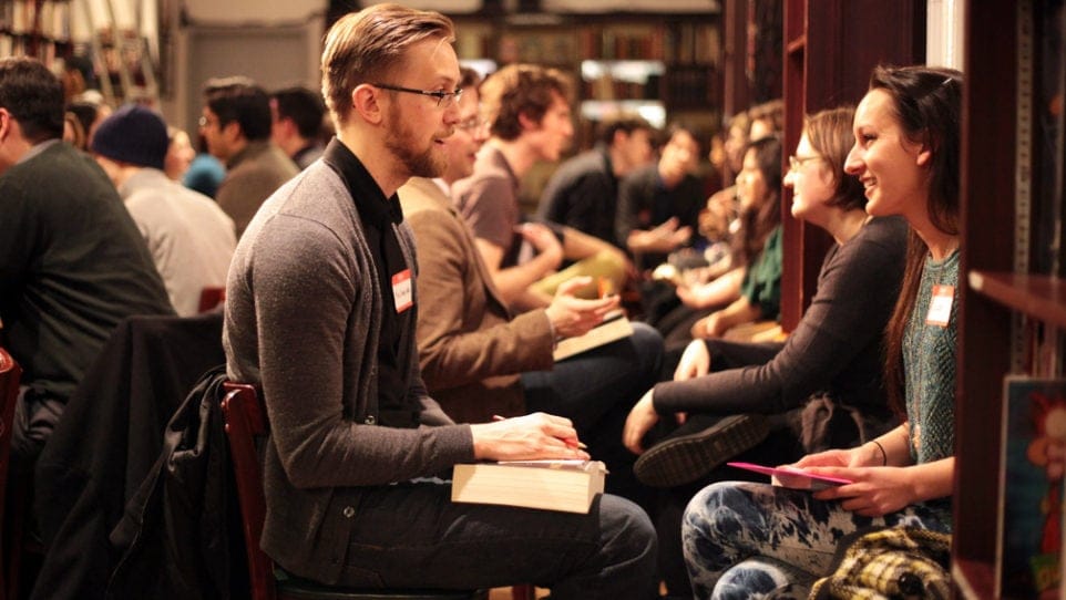 Composers and musicians meet in a "speed dating" style at the New Music Gathering at Boston Conservatory at Berklee in Boston, Massachusetts