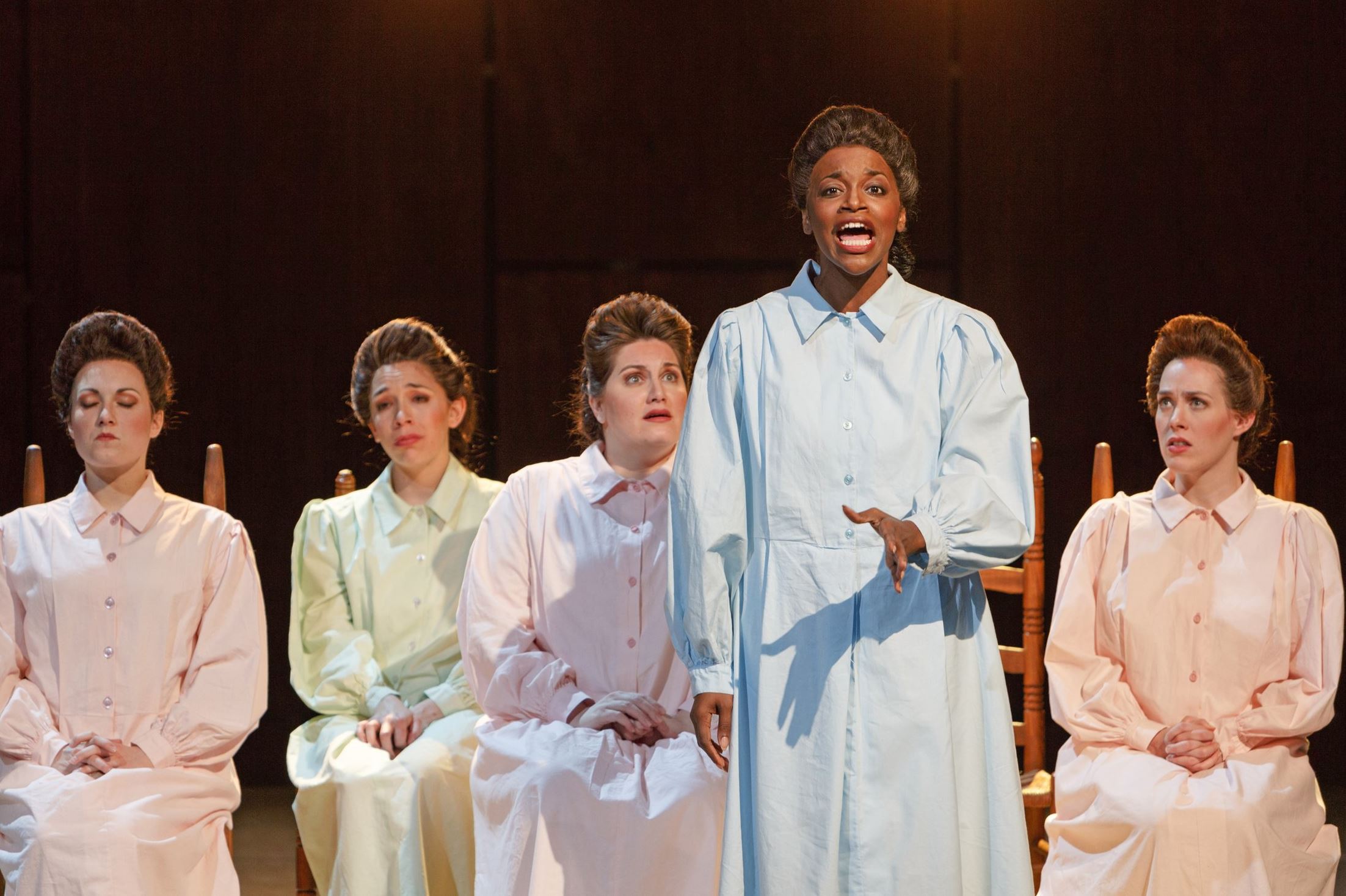 Jasmine Muhammad (front), and Samantha Korbey, Nicole Rodin, Alexandra Loutsion and Meredith Lustig (left to right) in Pittsburgh Opera's "Dark Sisters" (Photo: David Bachman)