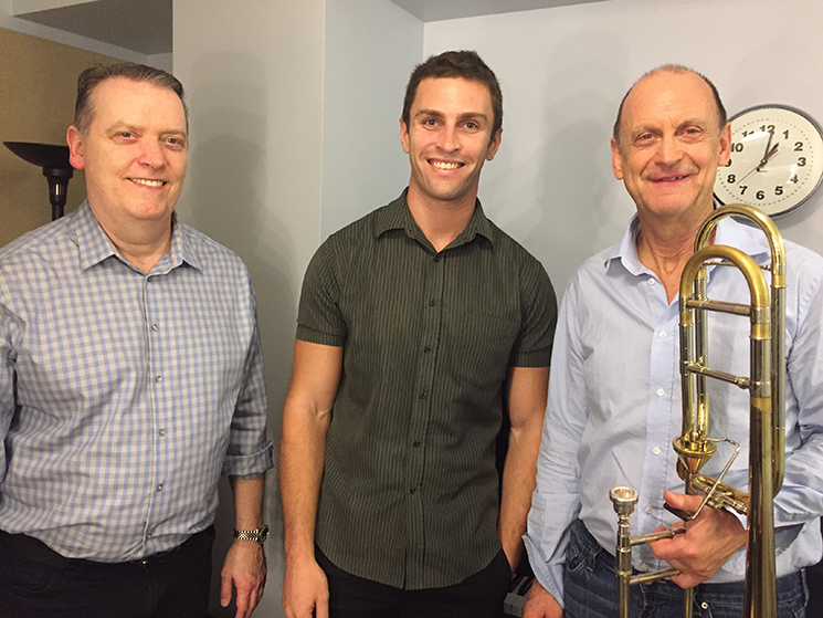 Composer Carl Vine (left), Robbie Ellis (center,) and Michael Mulachy (right) chat in a dressing room at Symphony Center